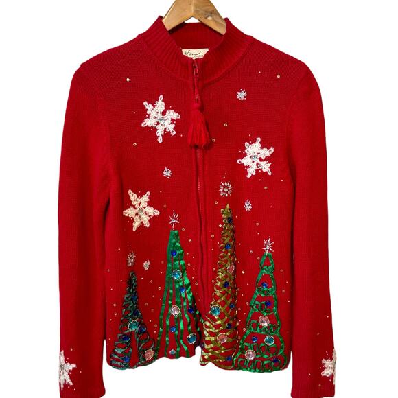 Kim Rogers Sweaters - Kim Rogers Size Small Red Zip Up Christmas Tree Snowflake Sweater